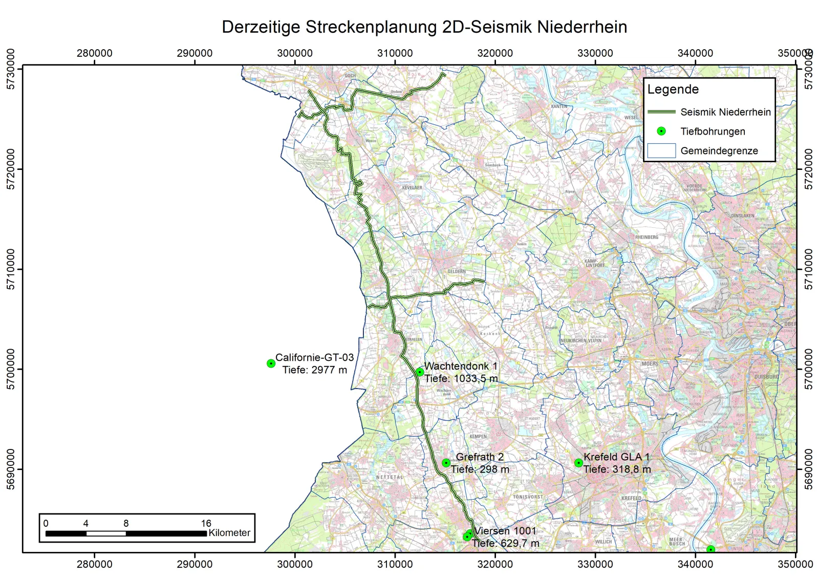 Gesamter Streckenverlauf Seismik Niederrhein (Rechte: Geologischer DIenst NRW)